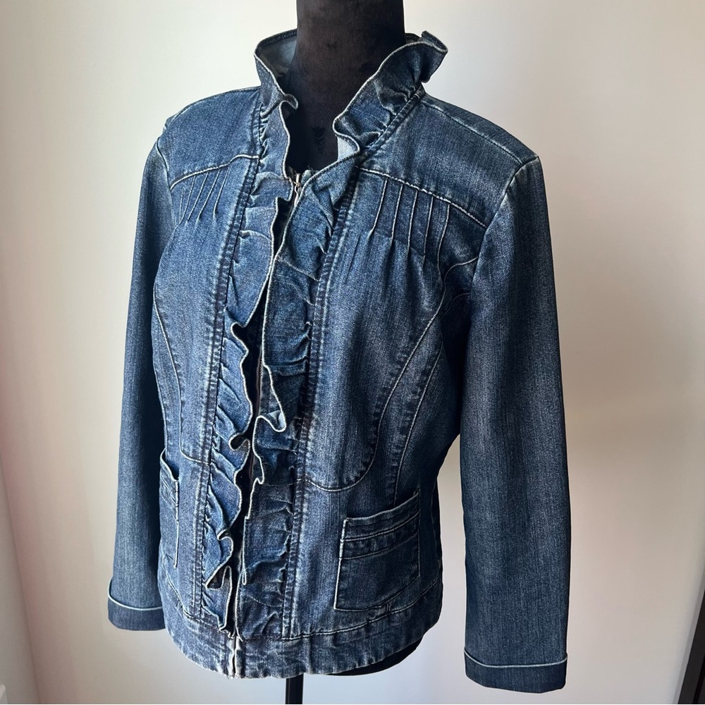 Ruffled Front Denim Jacket - Dark Blue - L